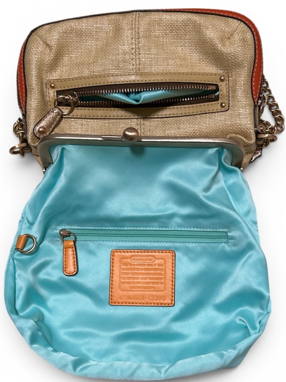 COACH Y2K  Bonnie Kiss Lock Frame Fold Over Straw w/Leather Trim  Demi Bag - Picture 10 of 12
